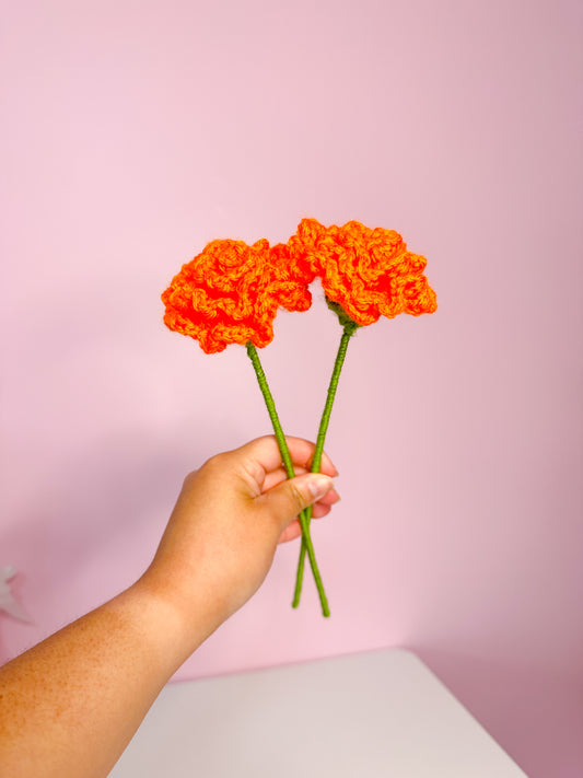 Two orange crochet flowers held by a hand, against a pink background.