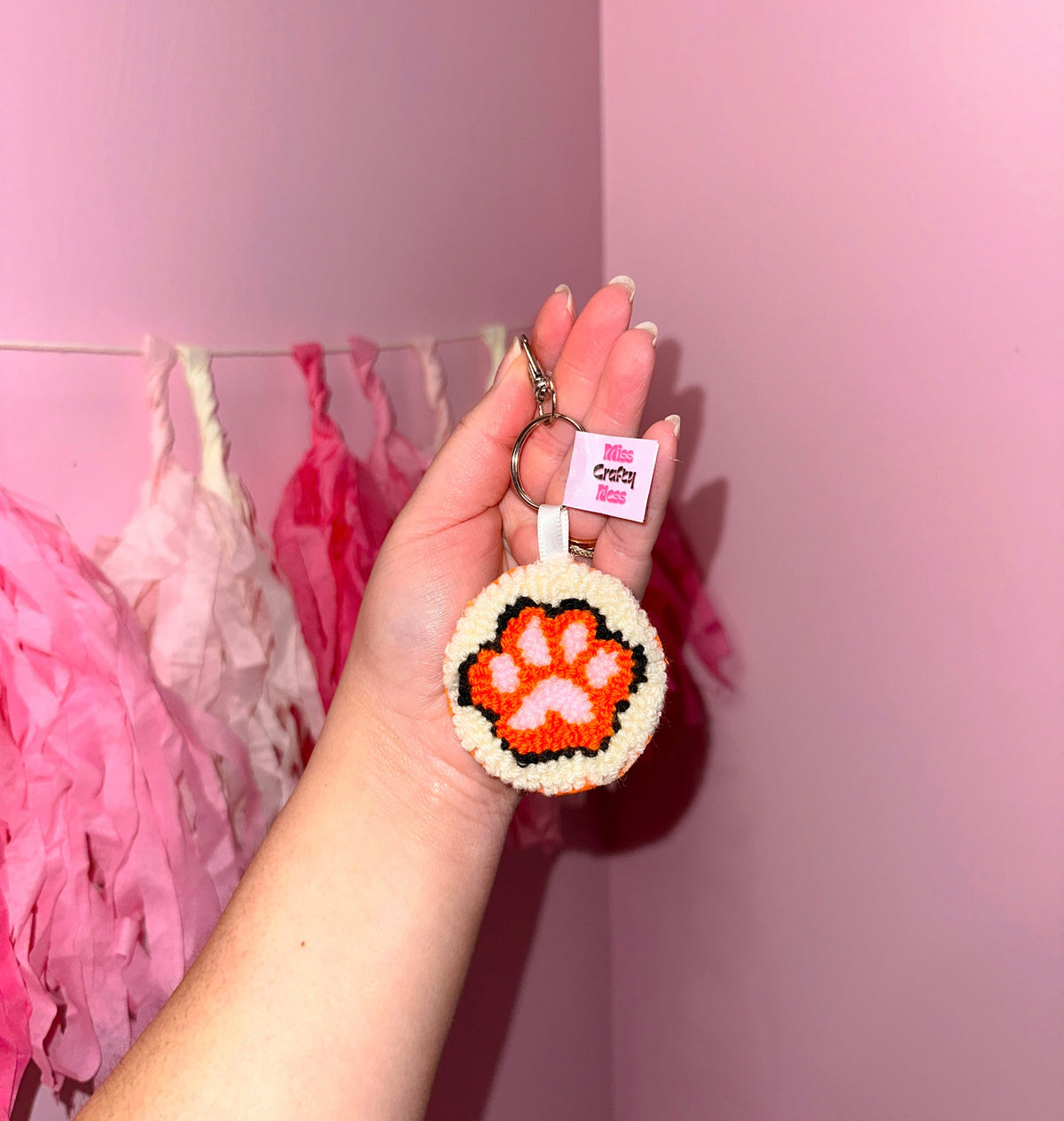 Cat paw punch needle keychain