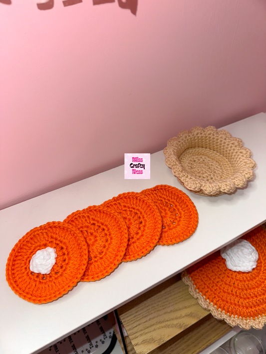 Crochet pumpkin pie coaster pack