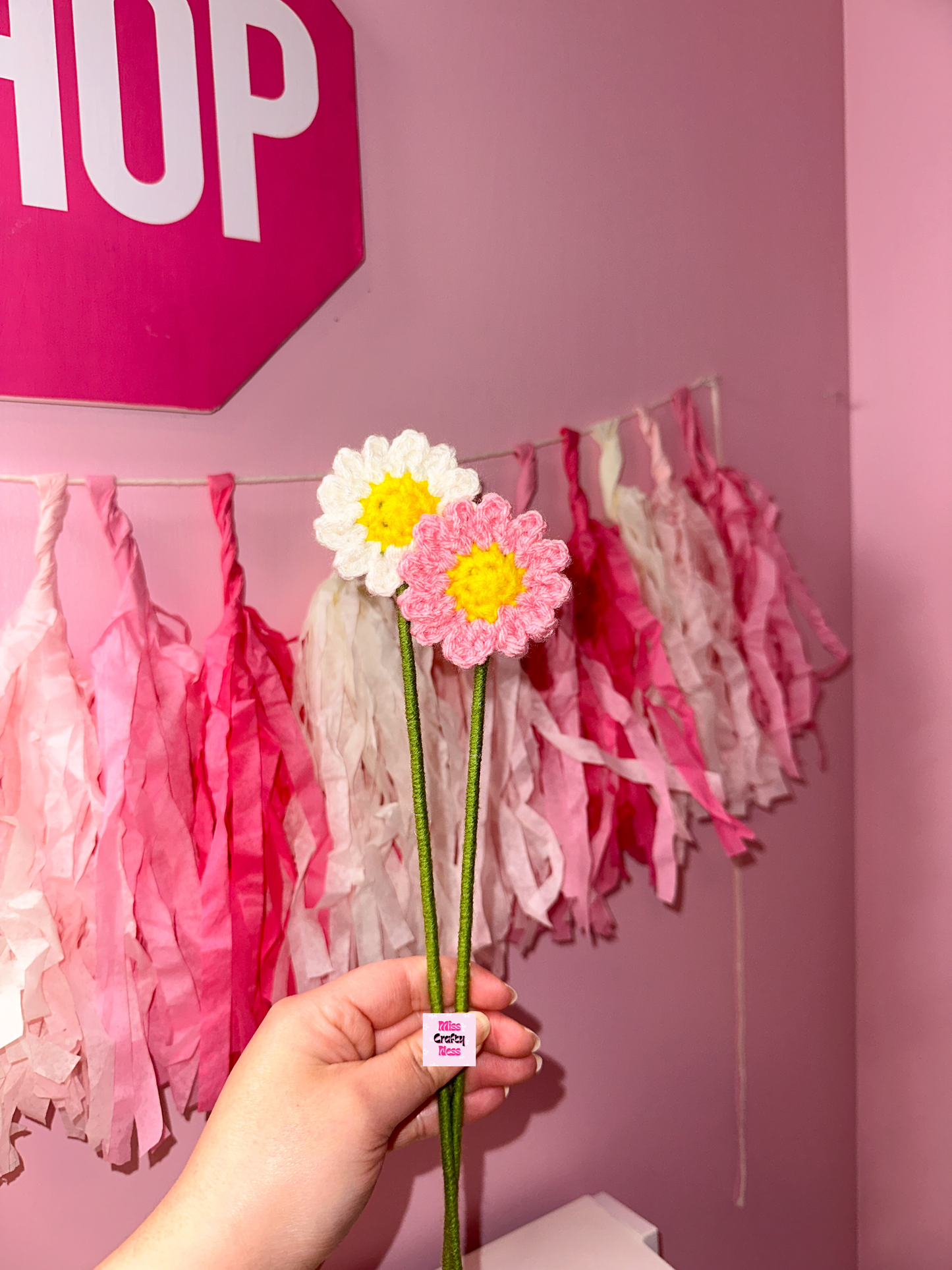 Hand holding a pink and white crochet flower against a pink wall with tassels.