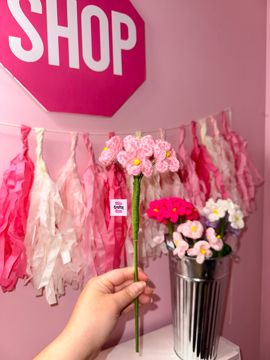 Hand holding a flower with a pink 'SHOP' sign and tassel decorations in the background.
