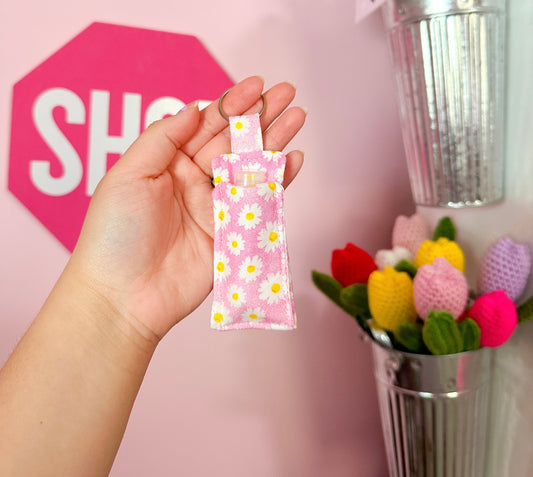 Pink daisies lip balm holder keychain