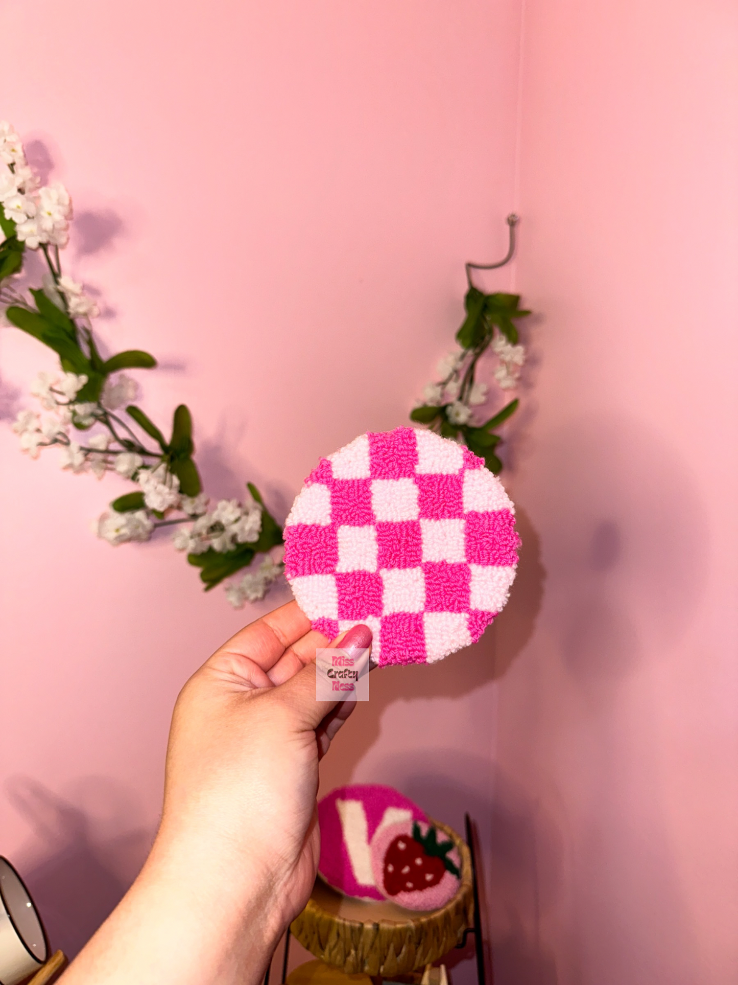 Pink checkered mug rug coaster