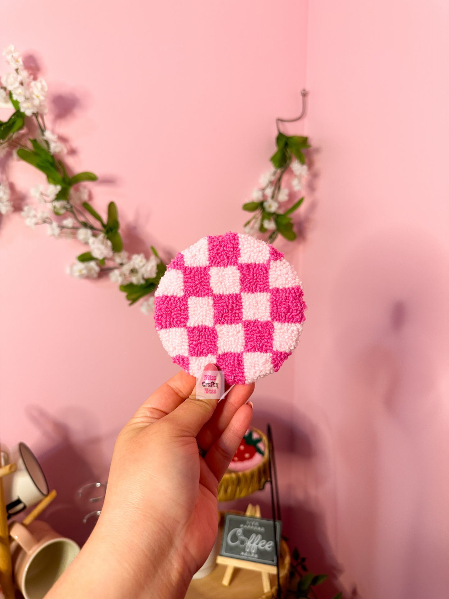 Pink checkered mug rug coaster