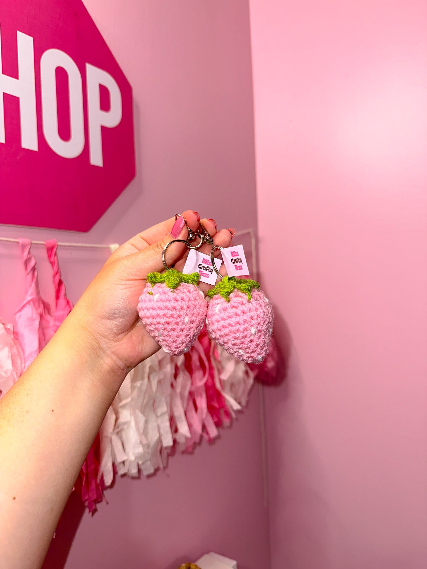 Crochet pink strawberry keychain