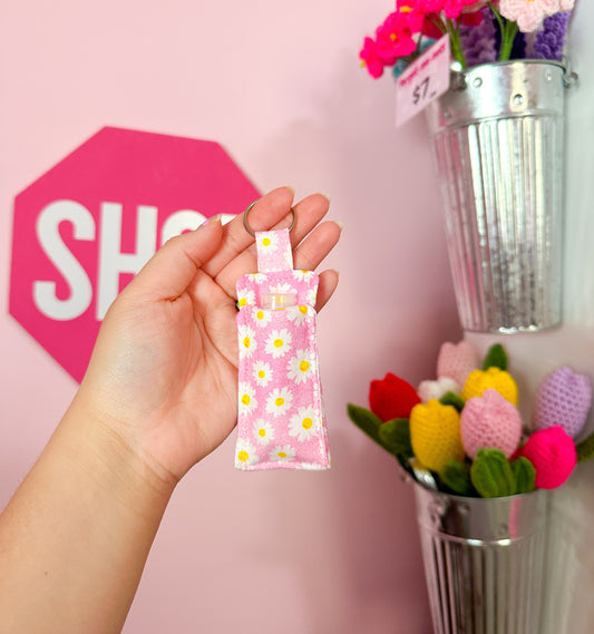 Pink daisies lip balm holder keychain